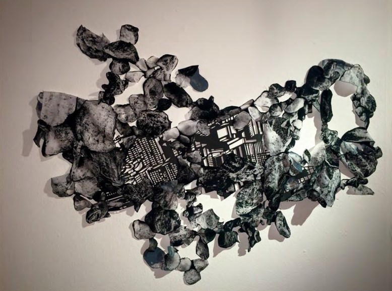 Frances Gallardo, 'Polvareda' (Dust Cloud), 4ft x 3.5ft, silk thread, cut paper, printed Poly Crepe de Chine fabric, sewn collage, 2015. Images of nano scaled San Juan dust sample, courtesy of Simge Uzun, Fiber Science Department, College of Human Ecology, Cornell University.